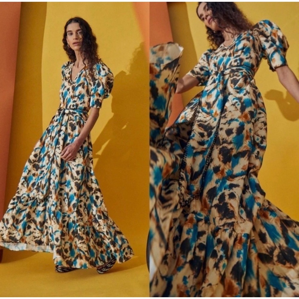 B39 Hunter Bell Rebekah Belted Maxi Dress 8 Blue Brown Linen Blend Puff Sleeve